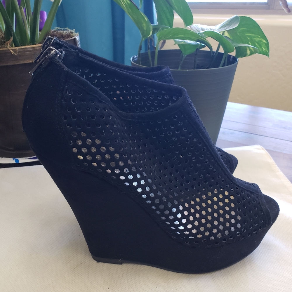 Black platform open toe booties
